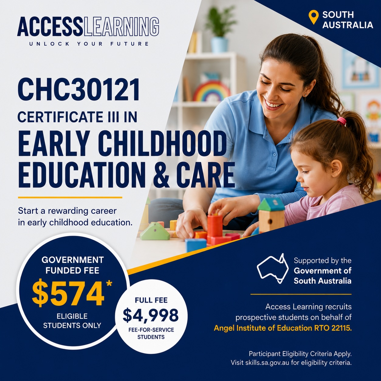 Certificate III in Early Childhood Education and Care online course with South Australia government funding available for eligible students through Access Learning.