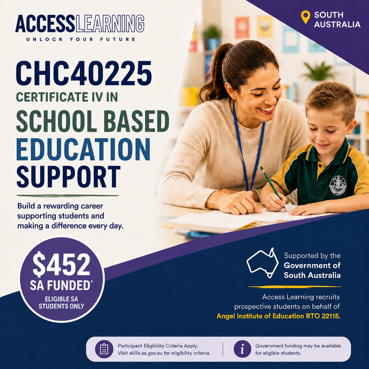 Certificate IV in School Based Education Support online course with South Australia government funding available for eligible students through Access Learning.