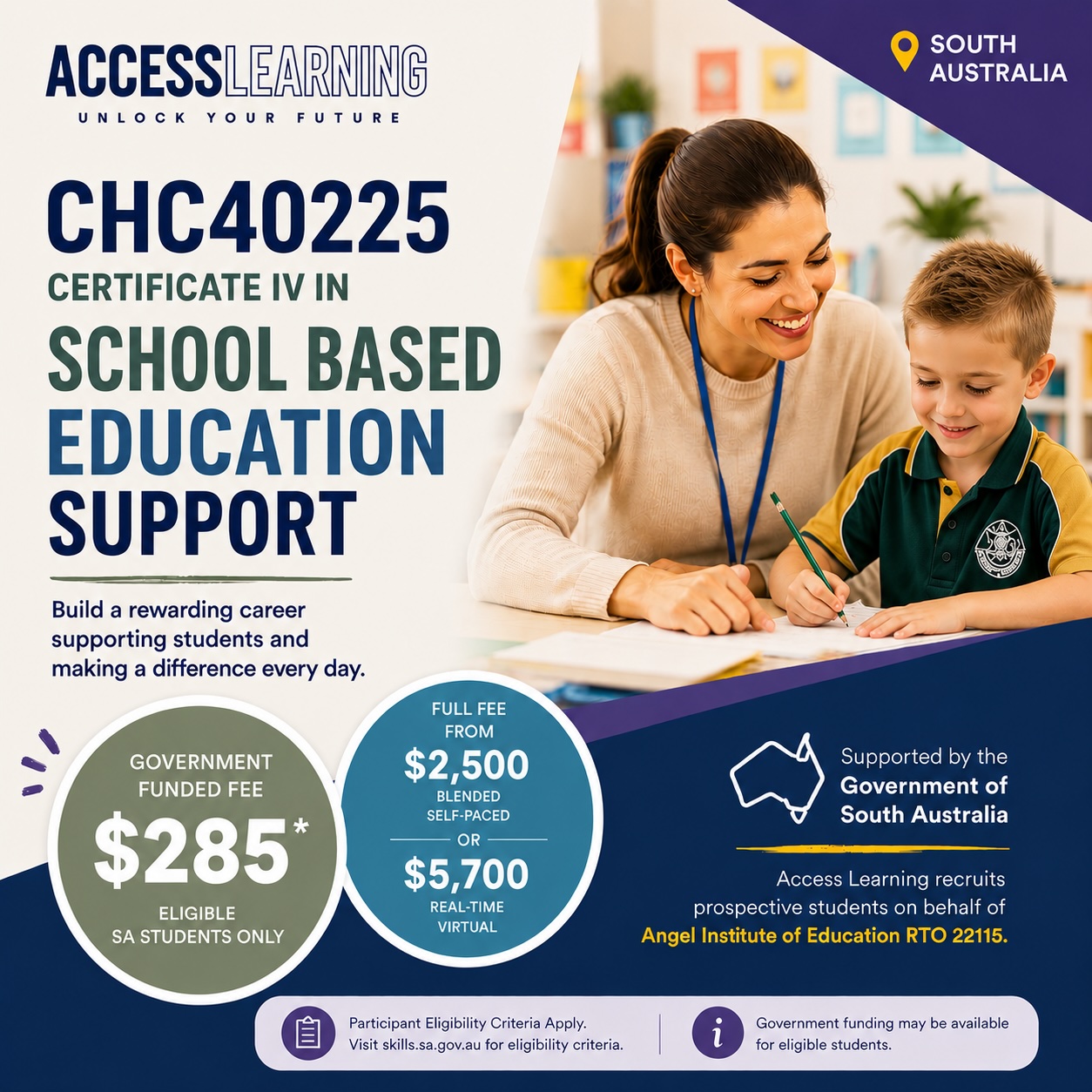 Certificate IV in School Based Education Support online course with South Australia government funding available for eligible students through Access Learning.