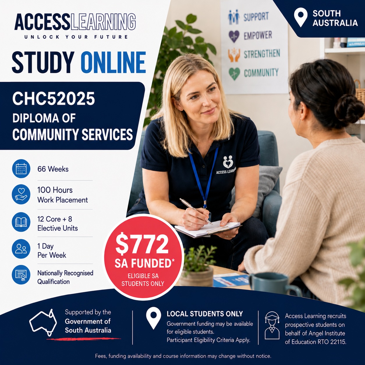 Diploma of Community Services online course with South Australia government funding available for eligible students through Access Learning.